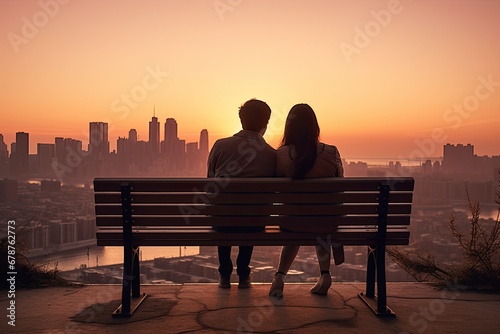 Silhouette of a man and woman sitting on a bench looking at the city, rear view of a Young couple in love sitting on a bench against sunrise with a city view, AI Generated
