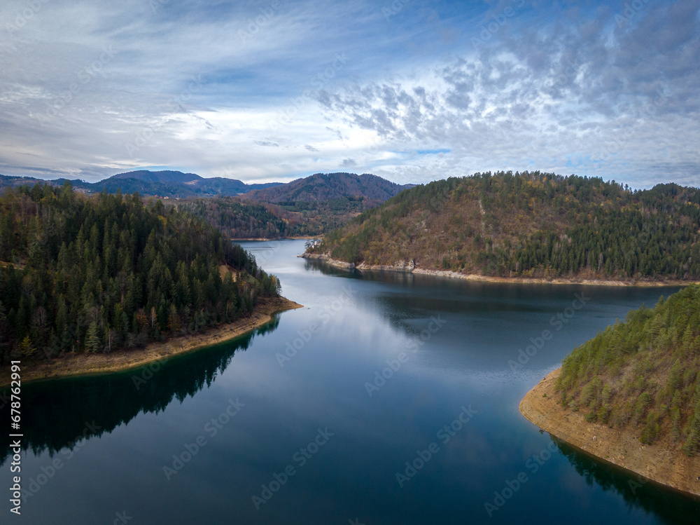 Aerial view on mountain lake in Serbia on autumn