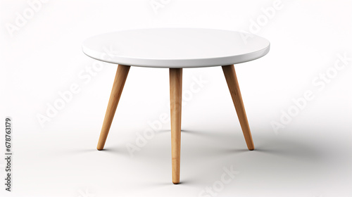 A small, round, white table with three legs stands isolated on a white background.