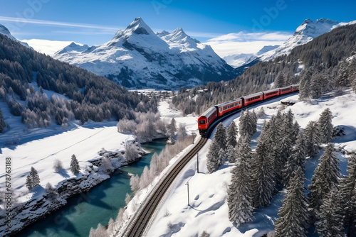 Drone view. The train goes among the Alpine mountains. AI generated. The mountain peaks are covered with snow. © serperm73