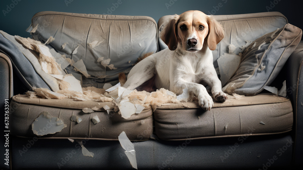 An adult domestic dog stripped the couch in the room. Playful dog ruin furniture and tear upholstery of sofa.  - obrazy, fototapety, plakaty 