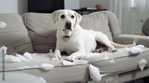 An adult domestic white dog stripped the couch in the room. Playful dog ruin furniture and tear upholstery of sofa. 