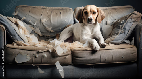 An adult domestic dog stripped the couch in the room. Playful dog ruin furniture and tear upholstery of sofa.  photo