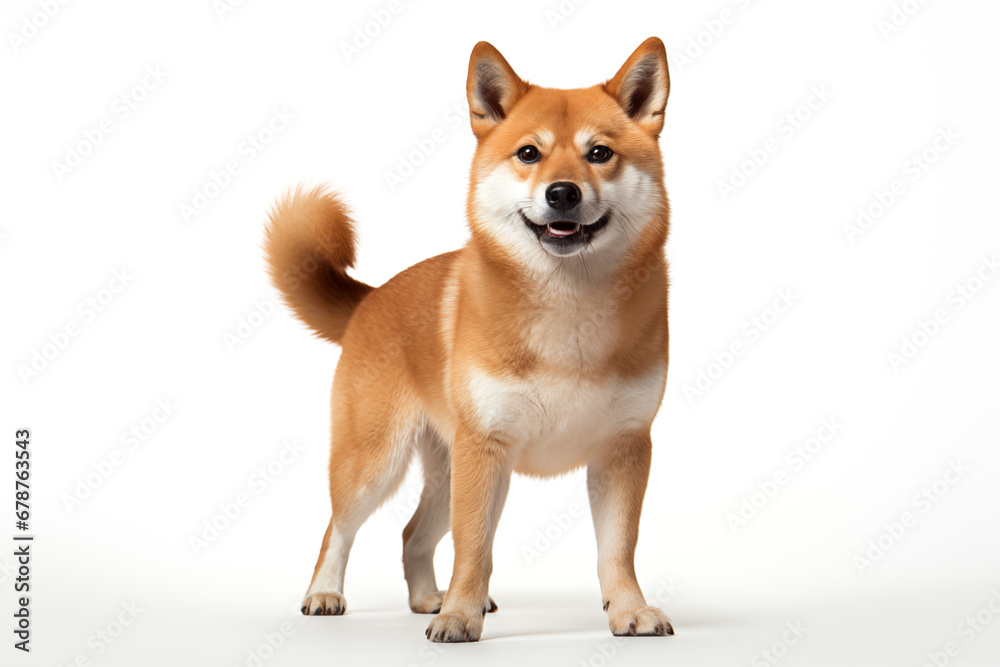 Shiba Inu dog standing alert and poised, its eyes gleaming with intelligence and curiosity Shiba Inu dog standing alert and poised, its eyes gleaming with intelligence and curiosity