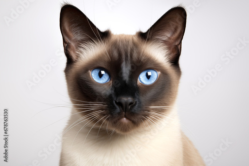 Portrait of a Siamese cat, known for its distinctive color points and striking blue almond-shaped eyes © Old Man Stocker