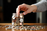 Hands of a person placing coins into a clear glass jar, symbolizing the act of saving and financial planning