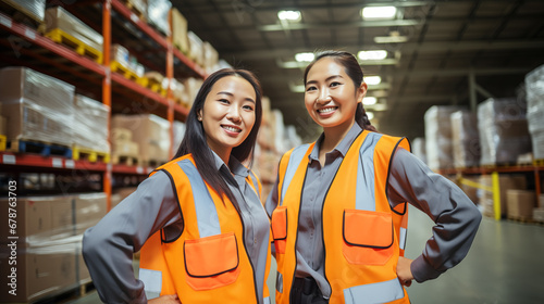 Two Asian female professionals in a warehouse setting, engaged in inventory management. © Old Man Stocker