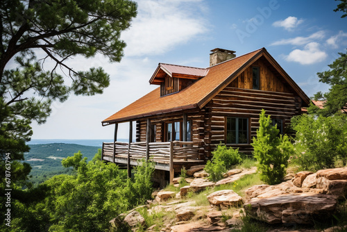 Rustic log cabin on the top of hill overlooking the sea.