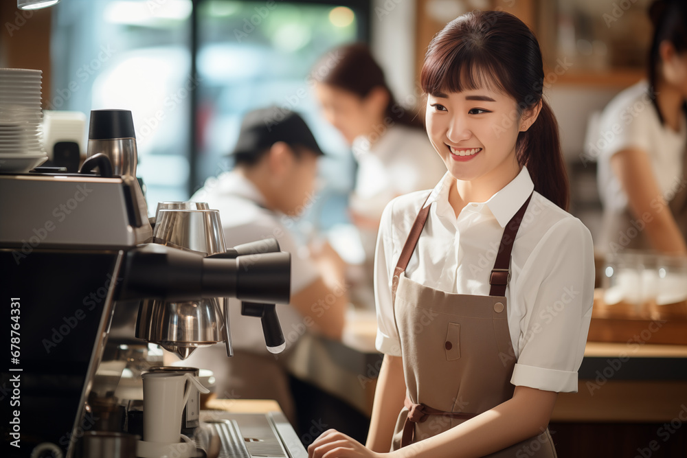 Young Asian barista serving with a smile in a bustling coffee shop Young Asian barista serving with a smile in a bustling coffee shop