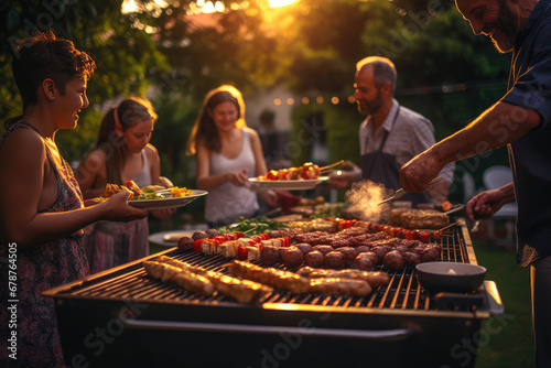 A family gathers in the garden of the grandparents' house to savor a delicious barbecue.