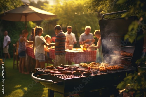 A family gathers in the garden of the grandparents' house to savor a delicious barbecue. photo