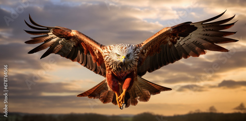 Portrait of a red kite (milvus milvus) with spread wings flying in the blue sky. © amankris99