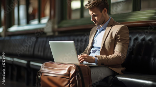 Businessman with laptop working in airport lounge © cherezoff