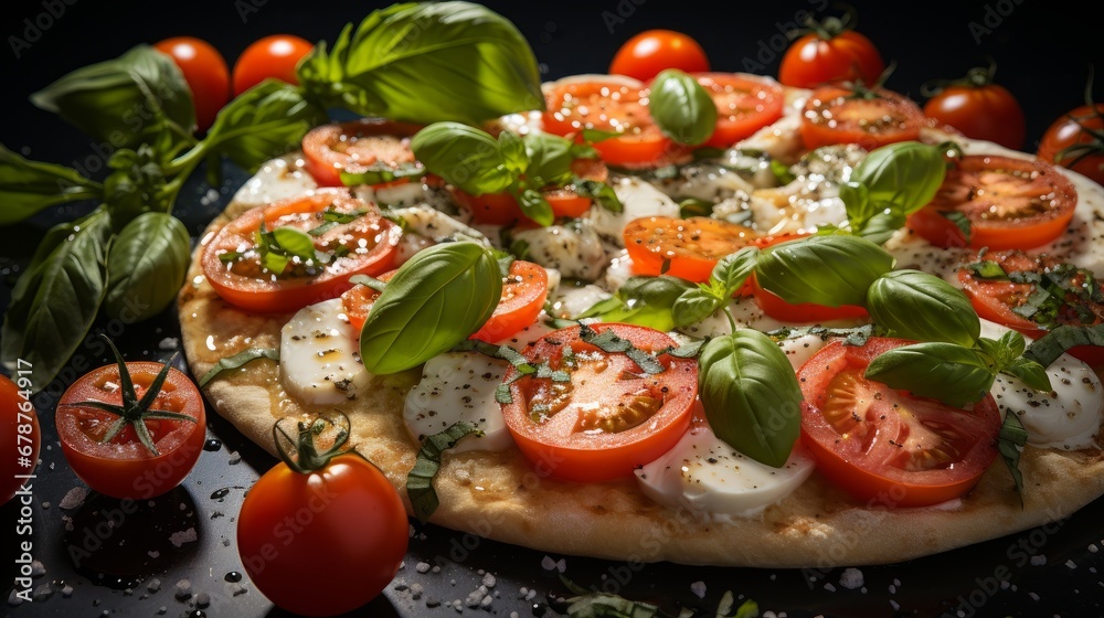Close-up of fresh basil leaves and tomato slices arranged on a margarita pizza. AI generate