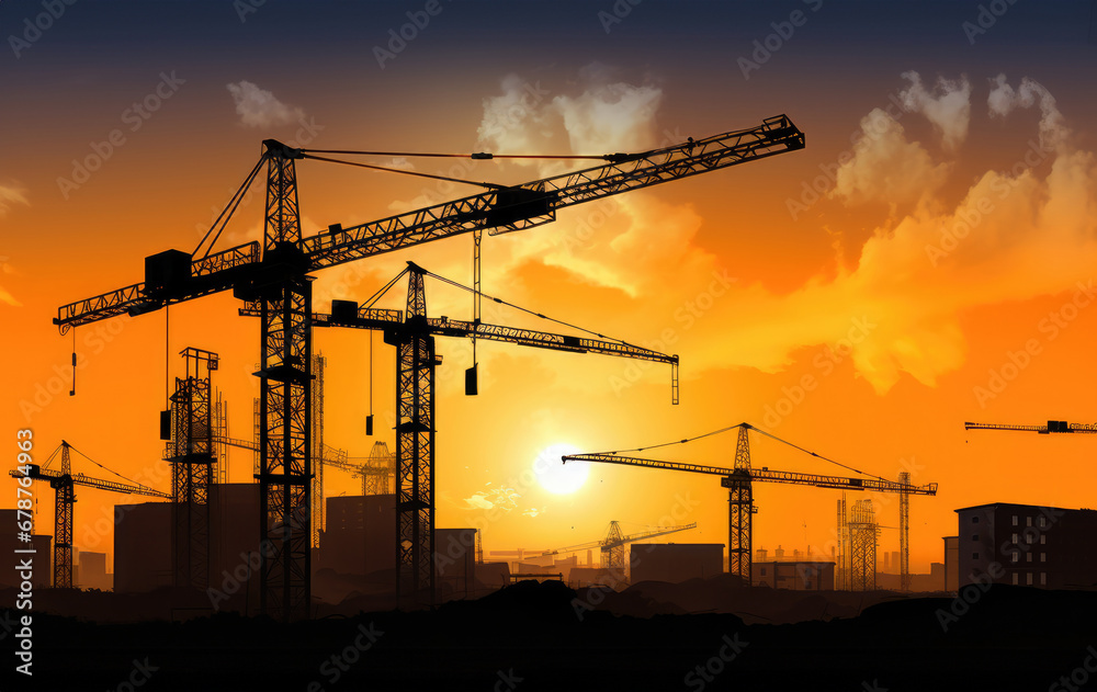 Industrial construction cranes and building silhouettes.