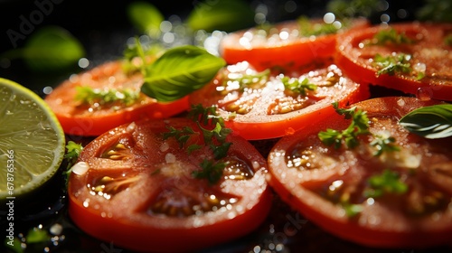 Close-up of the vibrant red tomato slices on a margarita pizza. AI generate illustration