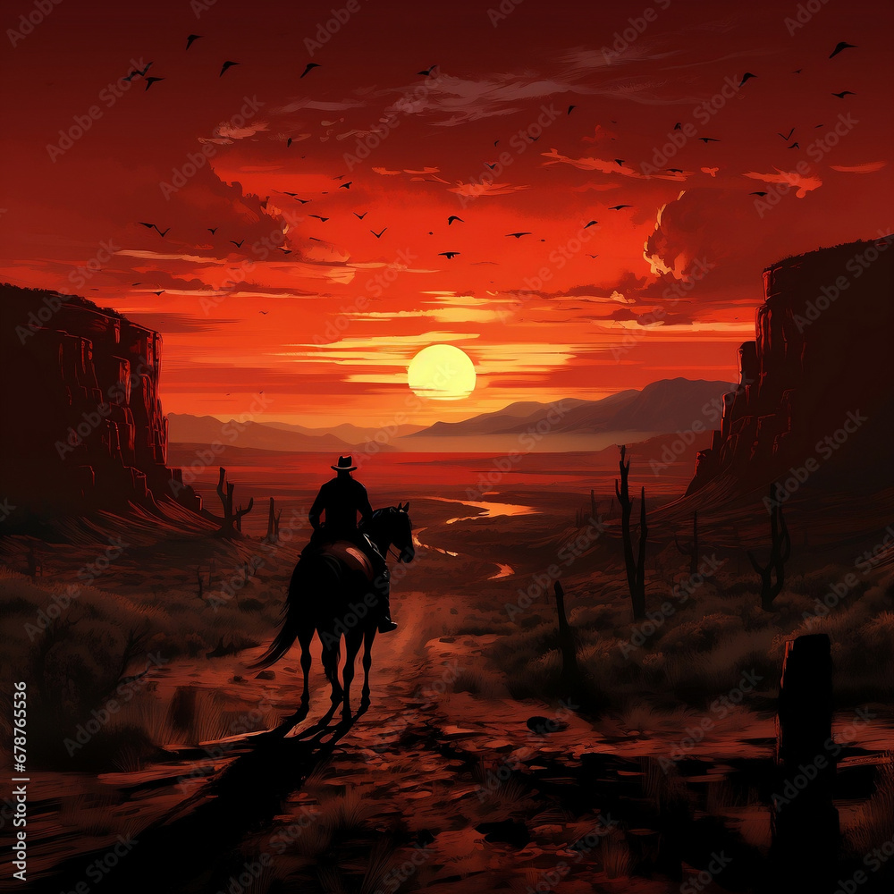 a man on horses, at sunset, in the style of 2d game art, realistic scenery, red and black, passage, desertwave, traditional landscapes, natural phenomena. - obrazy, fototapety, plakaty 