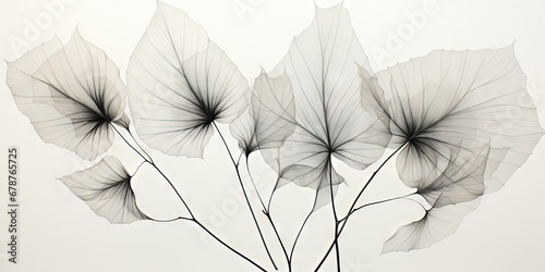Abstract gentle natural transparent leaves, branches, flowers, with a cyber silverpoint impression. Great as wallpaper, background. Generative AI, AI