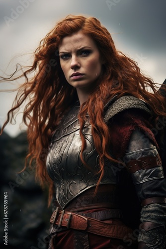 A dramatic midrange shot a the warrior queen, in a defiant stance against the backdrop of a Roman settlement, symbolizing resistance and courage