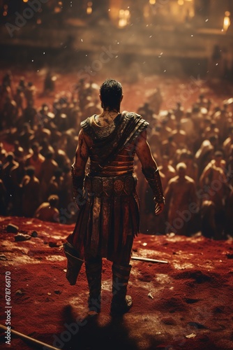 A dramatic scene showing the aftermath of a gladiator fight, with one fighter victorious, standing exhausted but triumphant amidst the cheers of the crowd, while arena attendants remove the defeated
