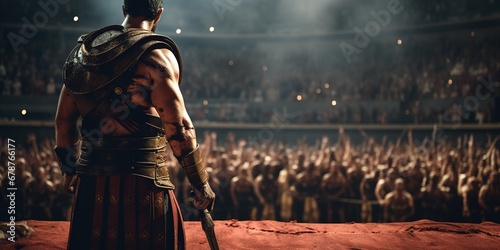 A dramatic scene showing the aftermath of a gladiator fight, with one fighter victorious, standing exhausted but triumphant amidst the cheers of the crowd, while arena attendants remove the defeated photo