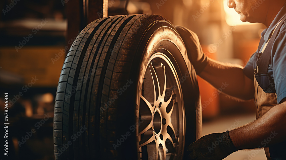 Man is changing a tire at an auto repair shop. Atomechanic holding a tire and repairing it. Creative banner for car repair shop.  - obrazy, fototapety, plakaty 