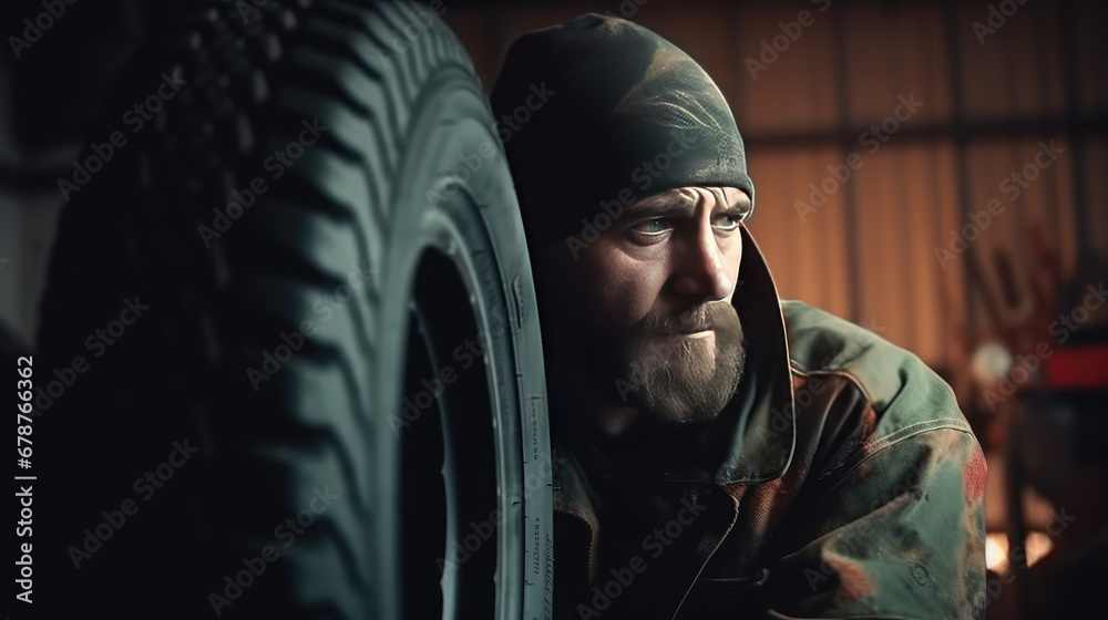 Man is changing a tire at an auto repair shop. Atomechanic holding a tire and repairing it. Creative banner for car repair shop. 