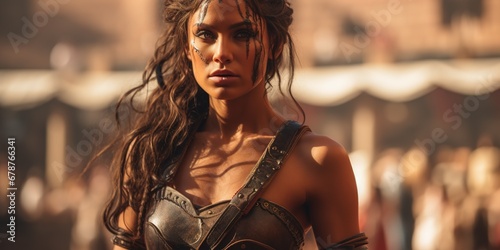 A female gladiator, a rare sight in ancient Rome, stands ready to battle in the Colosseum, her fierce gaze and formidable stance capturing the attention and respect of the onlookers