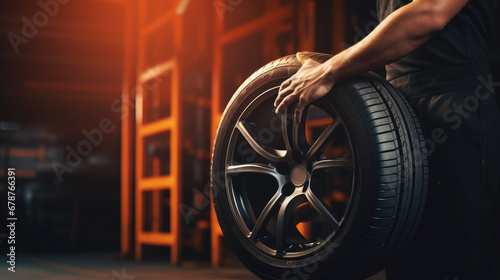 Man is changing a tire at an auto repair shop. Atomechanic holding a tire and repairing it. Creative banner for car repair shop. 