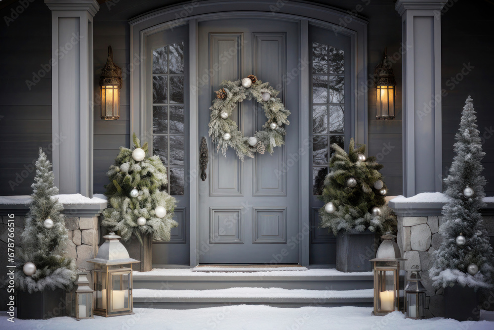 Christmas wreath on gray front door with winter decor on porch and steps - obrazy, fototapety, plakaty 