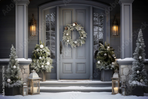 Christmas wreath on gray front door with winter decor on porch and steps photo