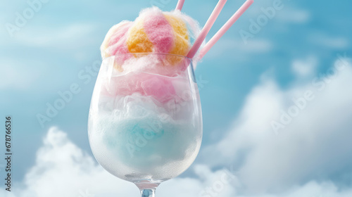 Pink cotton candy cocktail in glass, copy space, pastel cute colors. Sweet alcoholic cocktail with sugar cotton with ice smoke. 