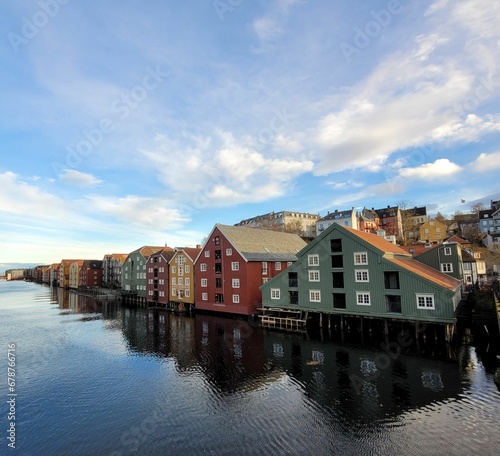 Aerial view of river surrounded by buildings in Trondheim
