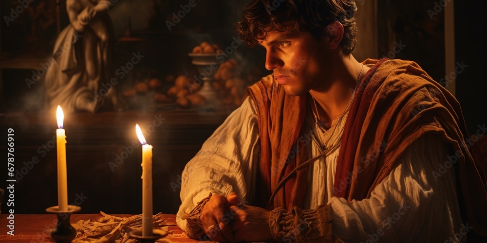 Poetic Rome A heartfelt midrange scene of Roman poet, penning verses by candlelight ...