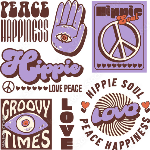 Groovy hippie 70s stickers. Funny cartoon flower, rainbow, peace, Love, smile, mushroom, eye. Sticker pack in trendy retro psychedelic cartoon style 60s. Flower power. Good vibes. Stay groovy.