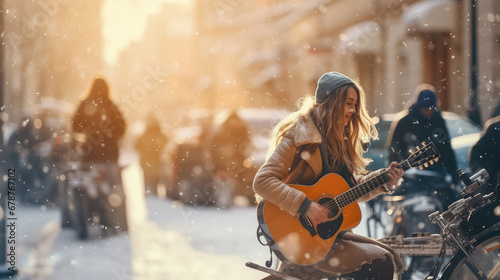 Young girl guitarist perform on a winter snowy street. Woman singing and playing guitar, street musicians, performance. 