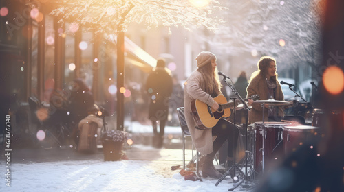 Young girl guitarist perform on a winter snowy street. Woman singing and playing guitar, street musicians, performance.  photo