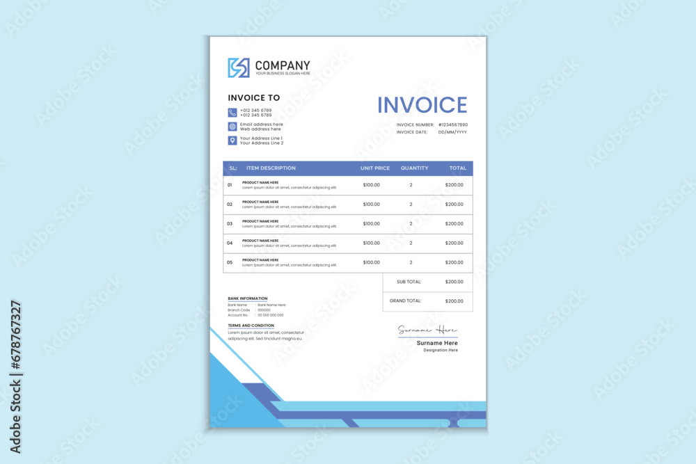 Unique professional corporate business invoice template