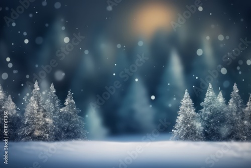 Christmas background with fir trees and blurred bokeh. Winter landscape. Generative AI