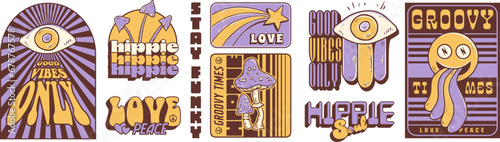Groovy hippie 70s stickers. Funny cartoon flower, rainbow, peace, Love, smile, mushroom, eye. Sticker pack in trendy retro psychedelic cartoon style 60s. Flower power. Good vibes. Stay groovy.
