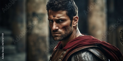 A portrait of a Roman gladiator, moments before entering the Colosseum, capturing the intensity in his eyes and the determination in his posture © EOL STUDIOS