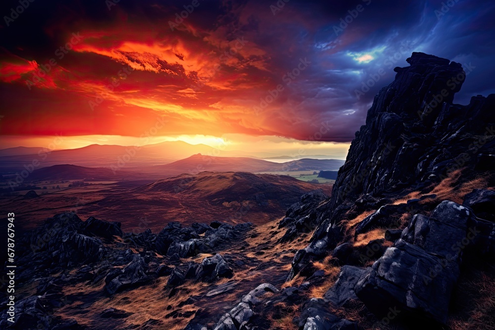 View from the top of a high mountain, evening atmosphere in blue and red tones.