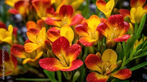 Bouquet of orange and yellow freesia flowers. Spring Flowers. Freesia. Springtime Concept. Mothers Day Concept with a Copy Space. Valentine s Day.