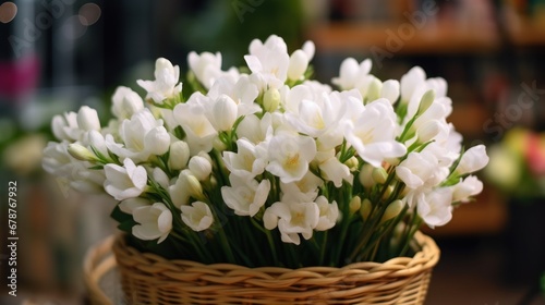 Bouquet of white freesia flowers in a wicker basket. Spring Flowers. Freesia. Springtime Concept. Mothers Day Concept with a Copy Space. Valentine's Day. © John Martin
