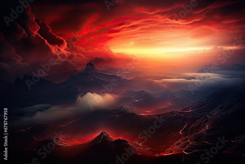 View from the top of a high mountain, evening atmosphere in blue and red tones.