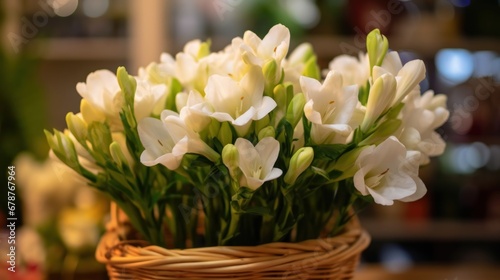 Bouquet of white freesia flowers in a wicker basket. Spring Flowers. Freesia. Springtime Concept. Mothers Day Concept with a Copy Space. Valentine's Day. © John Martin