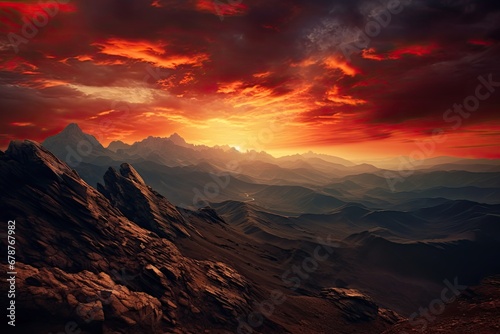 View from the top of a high mountain, evening atmosphere in blue and red tones. © linen