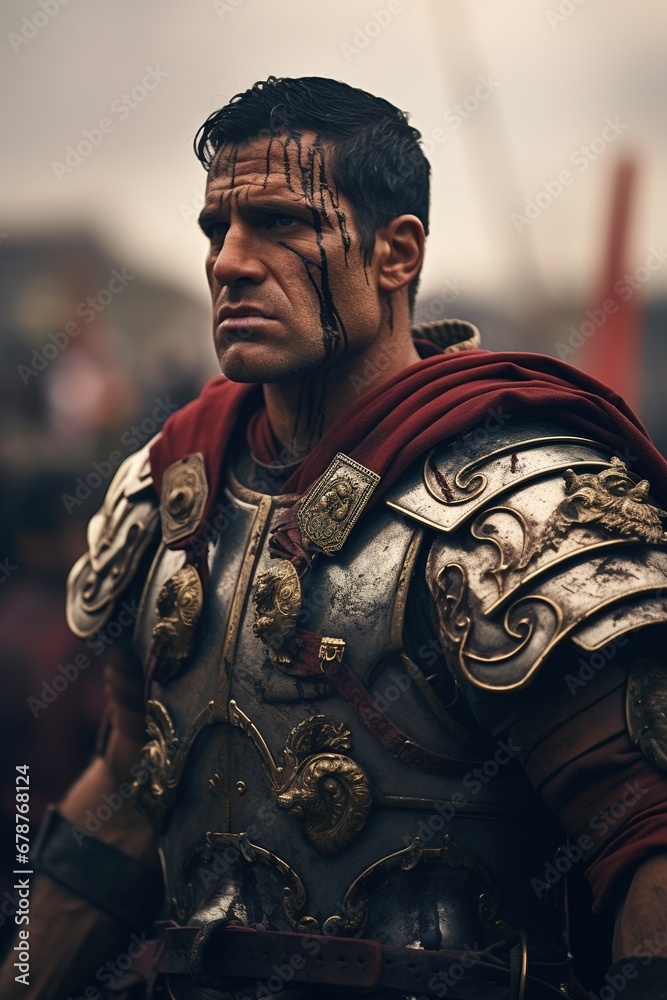 A powerful shot of a Roman centurion in full battle gear, standing resolutely with a commanding view over a military training ground, his face set with determination and leadership