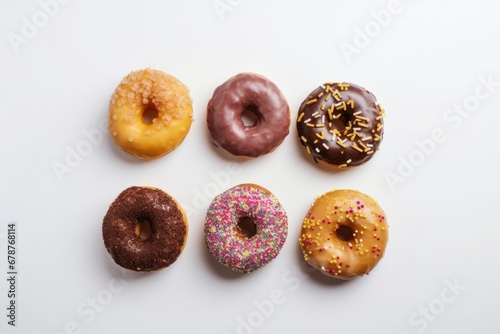 Delicious donuts isolated on white background, top view. Generative AI