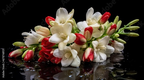 Bouquet of freesia on a black background with water drops. Spring Flowers. Freesia. Springtime Concept. Mothers Day Concept with a Copy Space. Valentine's Day.